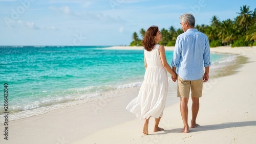 美しい海辺でお散歩する夫婦、老後資産運用コンセプト	