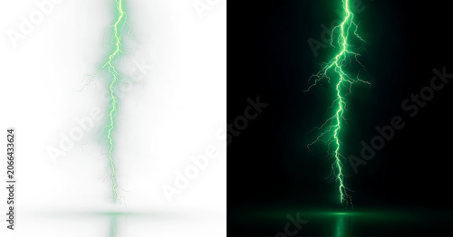 Fotografie Glowing green thunderbolt with energy flash and electric neon glow, PNG