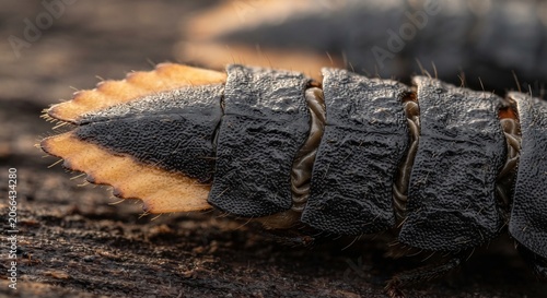 Extreme close up texture of platerodrilus insect segmented abdominal armor plates