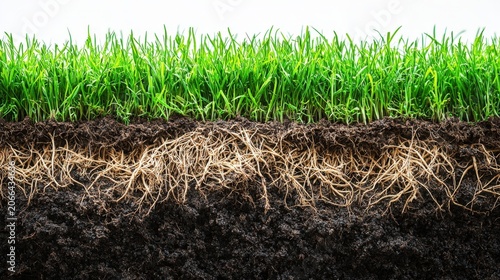 Cross-section illustrating a healthy grass lawn with dense root system and soil layers