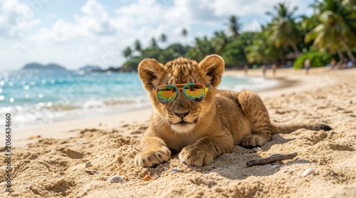 Lion Cub Beach Vacation with Sunglasses Tropical Wildlife Safari Concept