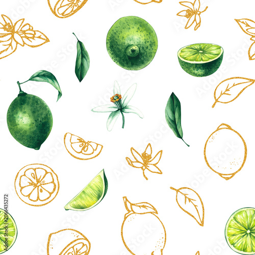 Lime seamless pattern. Watercolor hand-drawn citrus tropical fruit. Lime hand-painted illustration. Botanical lime fruit for wedding invitations, festivals, or postcards.