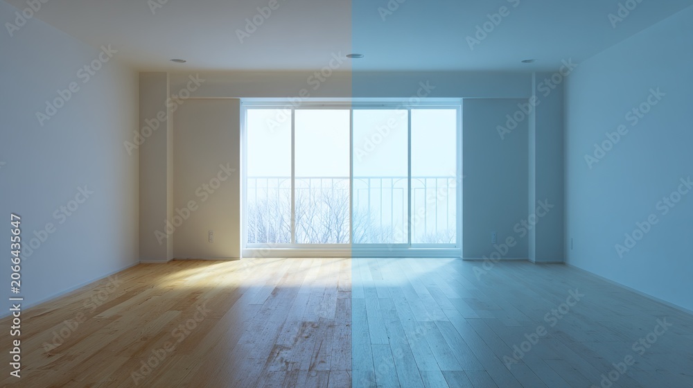 Fototapeta premium comparison. A conceptual comparison of an empty room before and after interior transformation with soft lighting. real-estate listings.