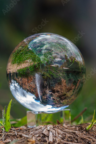 Miniature World: Waterfall and Forest Captured in a Crystal Ball