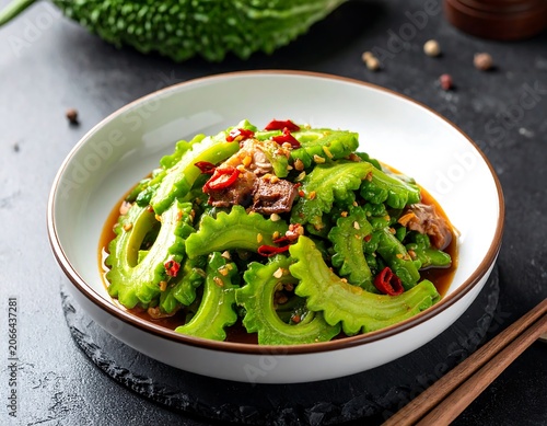 Healthy green vegetable dish with chili and spices overhead view