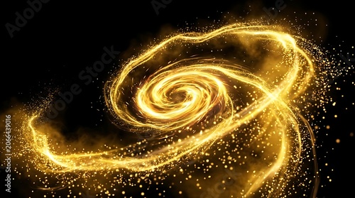 Radiant golden light swirling in a dynamic spiral motion with glowing particles and dust trails set against a deep black background for a magical effect
