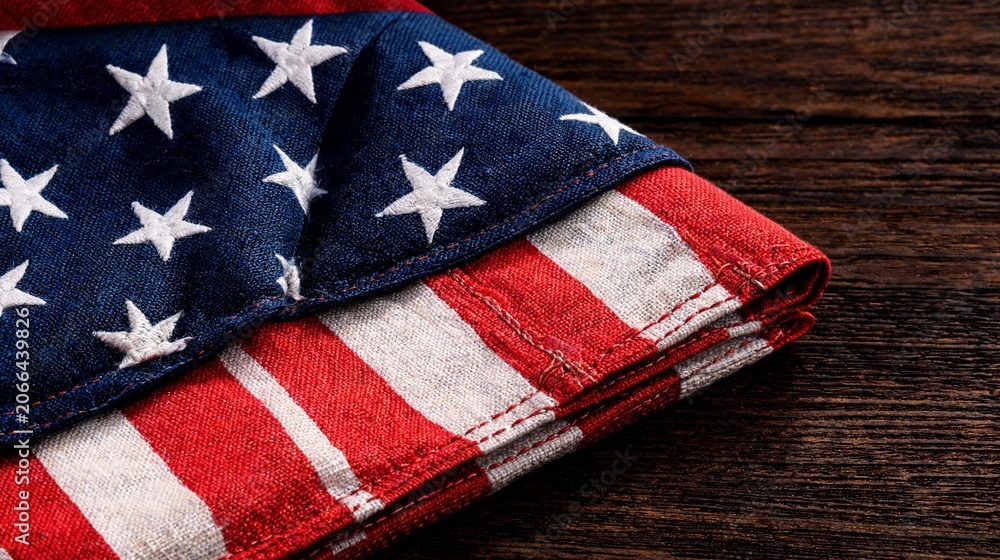 Fototapeta premium Close up of a folded American flag with stars and stripes resting on a rustic wooden surface