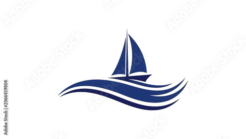 Abstract Sailboat Logo with Wavy Blue Water on Isolated White Background
