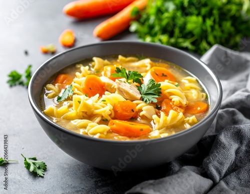 Hearty chicken noodle soup in bowl with fresh vegetables and parsley garnish