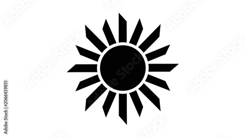 Simple Black Sun Icon with Geometric Rays on Isolated White Background