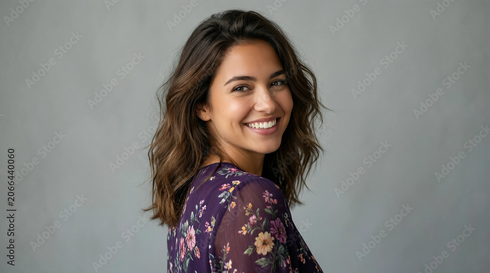 Fototapeta premium A smiling woman with wavy hair turns to look over her shoulder in a studio setting wearing a floral blouse