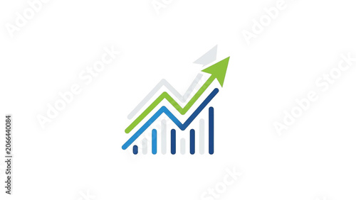 Dynamic Green Upward Arrow with Blue Line and Bar Chart on Isolated White Background