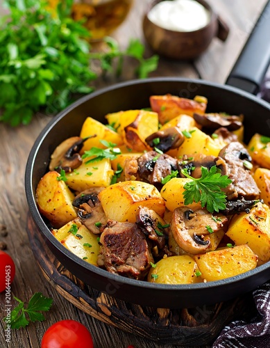 Hearty potato and mushroom skillet meal with fresh herbs