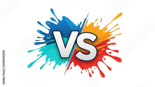 Vibrant VS Versus Text with Colorful Paint Splashes for Artistic Competition, Isolated White Background.