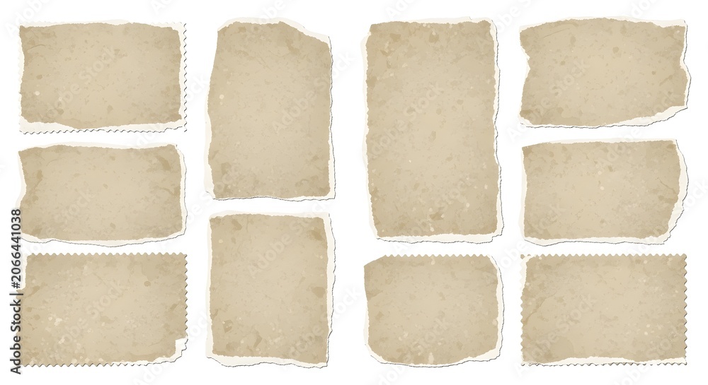 Fototapeta premium Collection of blank vintage paper scraps with torn edges paperwork stationery parchment isolated background document textured collection material