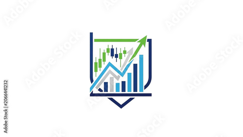 Financial candlestick chart with an upward trend arrow and shield security, representing stock market growth and investment protection on an isolated white background.
