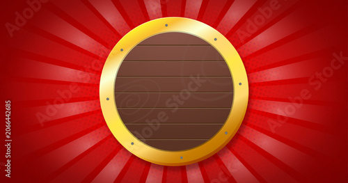 Cartoon Wooden Signboard with Golden Frame and Red Burst Background