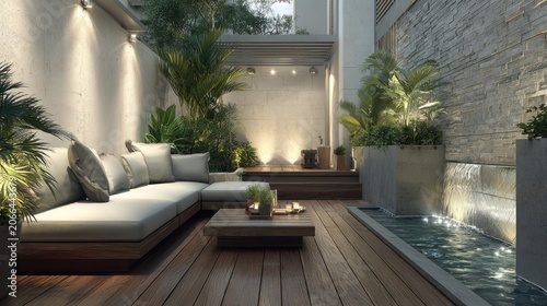 Outdoor lounge area with water feature