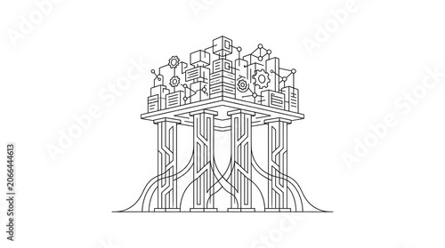 This visual represents responsible artificial intelligence governance with pillars holding technology elements and ethics concepts