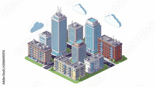 isometric cityscape with tall buildings colorful green parks and roads scenes of urban environment