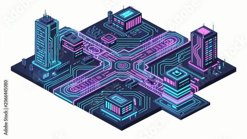 futuristic isometric cityscape with neon blue purple glow high-tech buildings and interconnected roads