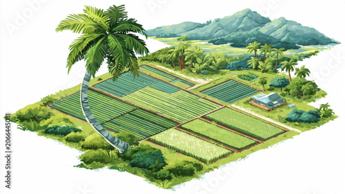 Lush tropical farm landscape with palm tree green fields and distant mountains for agricultural and eco tourism use