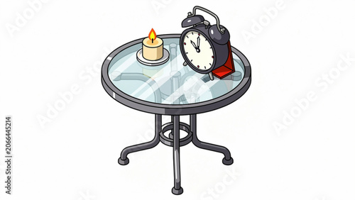 Stylish round glass table with candle and vintage alarm clock modern home decor