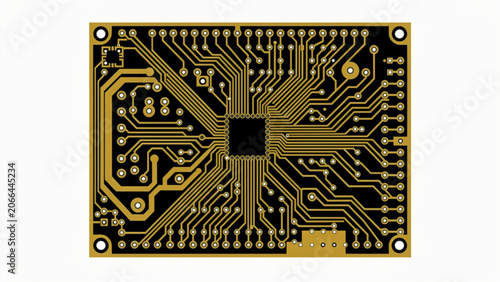 Close-up of black and gold printed circuit board with intricate electronic pathways