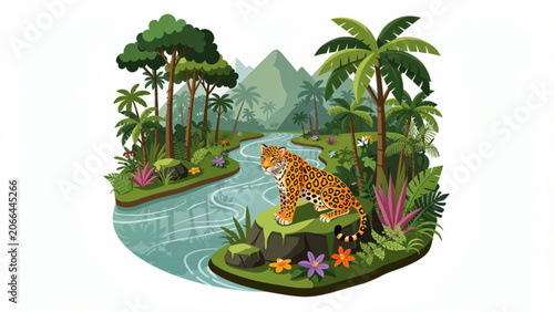 Colorful jungle scene with tiger river plants and lush trees for wildlife conservation themes