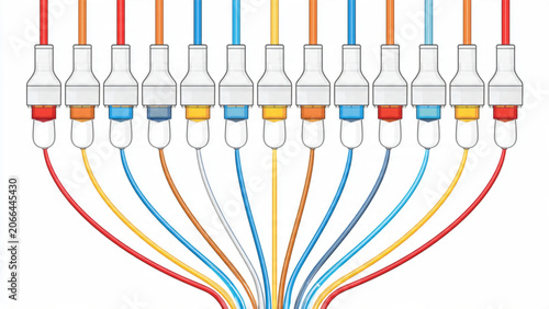 Multiple colorful medical blood collection tubes with needles arranged in a row for healthcare testing