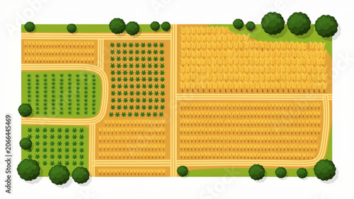 Aerial view of colorful farmland with fields of wheat corn and vegetables separated by dirt paths and green trees