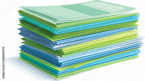 Stack of colorful file folders in shades of blue green and teal for office organization and storage