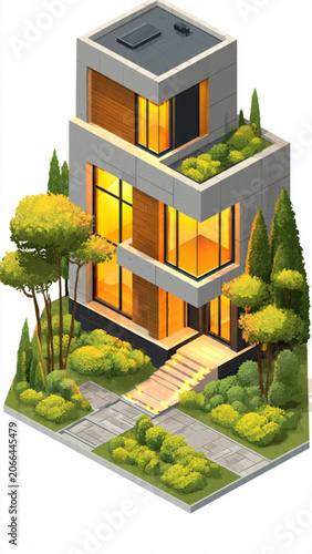 Modern multi-story house with large windows surrounded by lush greenery and landscaped garden in daytime