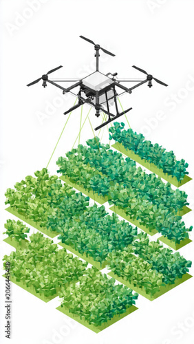 agricultural drone spraying lush green lettuce crops in a farm setting