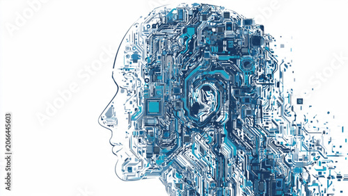 Digital human head silhouette with circuits in blue and white representing artificial intelligence and technology applications