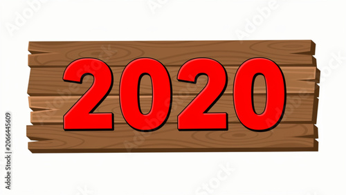 Wooden Signboard with Large Red 2020 Text for New Year Celebration or Announcement