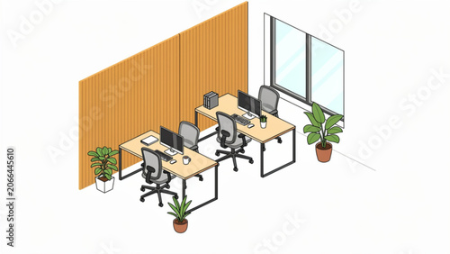 Modern office workspace with desks chairs and plants natural light and wooden wall design