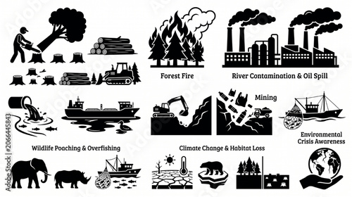 Environmental Destruction Silhouette Collection – Deforestation, Pollution, Climate Change and Wildlife Threat Vector Set
