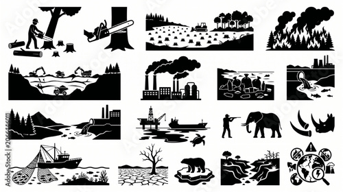 Deforestation, Factory Pollution and Climate Change Concept Silhouette Pack