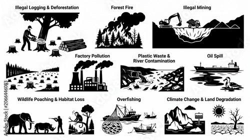 Environmental Threats and Ecological Disaster Silhouette Elements Collection