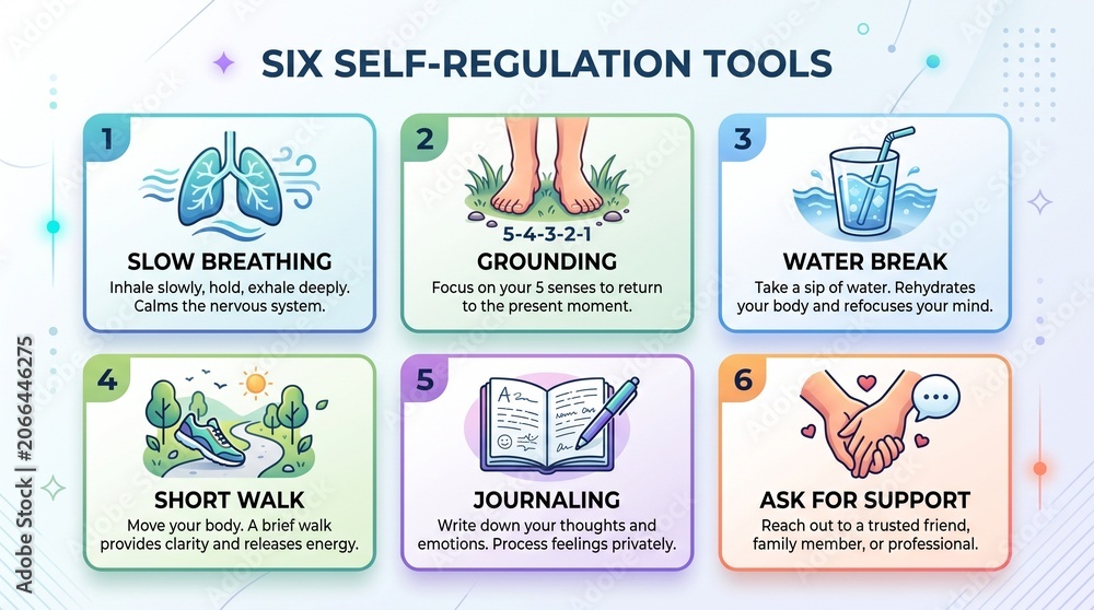 Naklejka premium Infographic titled six self regulation tools with icons and text on white background