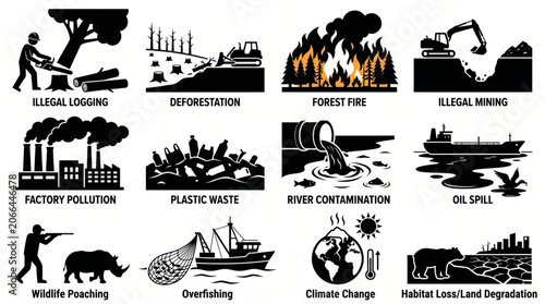 Global Environmental Problems Silhouette Bundle with Pollution and Wildlife Crisis