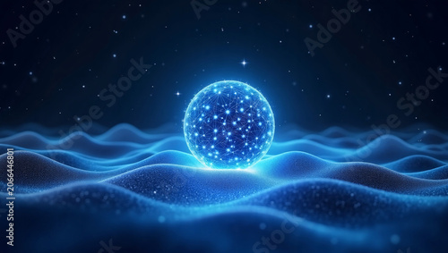 Luminous blue network sphere resting on wavy particle landscape, dark starry tech backdrop