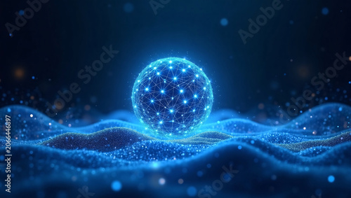 Blue glowing wireframe digital globe on wavy particle waves, dark tech bokeh background