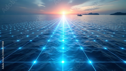Ocean sunset scene with glowing blue digital grid overlay, distant ship and islands