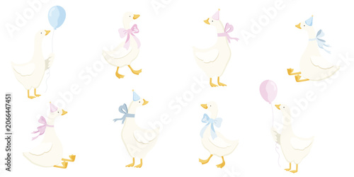 Cute Party Geese Collection with Pink and Blue Bows Balloons and Hats
