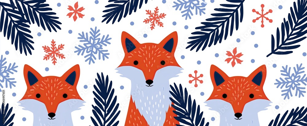 Fototapeta premium Charming winter illustrations featuring foxes, fir branches, and snowflakes for festive holiday cards and promotions.
