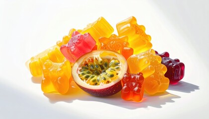 Vibrant Assortment of Juicy Gummy Bears and Tropical Passionfruit