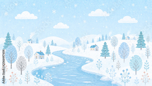 北欧風デザインの冬の雪景色と川の風景イラスト