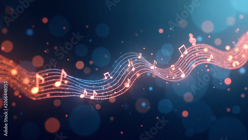 Glowing wavy musical staff with floating neon notes, warm bokeh dark blue background
